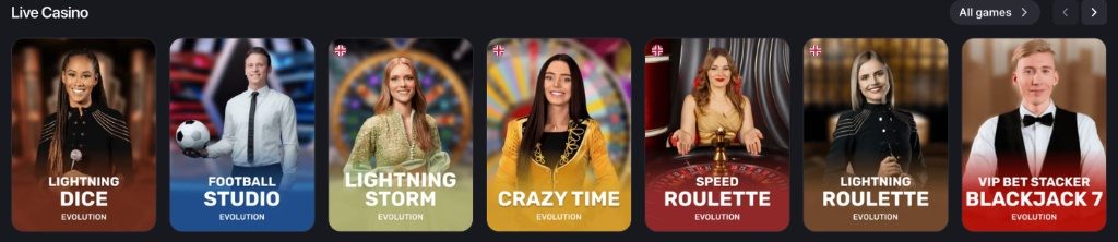 Winum live casino tables: Lightning Dice, Football Studio, Crazy Time, Speed Roulette and VIP Blackjack by Evolution