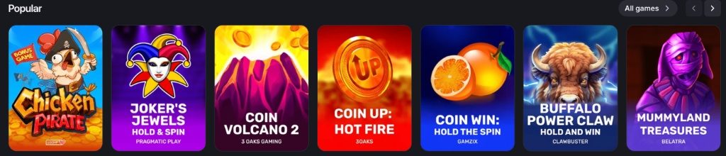 Popular Winum Casino slots including Chicken Pirate, Joker's Jewels, Coin Volcano 2 and Buffalo Power Claw